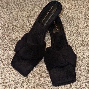 Good American Terry Cloth Square Toe Kitten Square Stiletto Sandal Heel Black 10